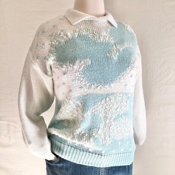 Vintage 80s Western Connection Polo Collar Sweater Aqua White Plus Size 22W - Picture 1 of 9